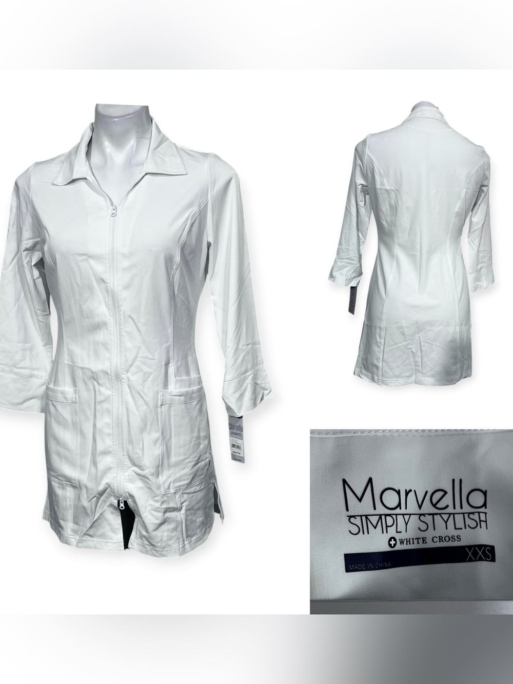 MARVELLA White Cross Medical scrub jacket Zip Long Slv stretch (fits up to sz 6)
